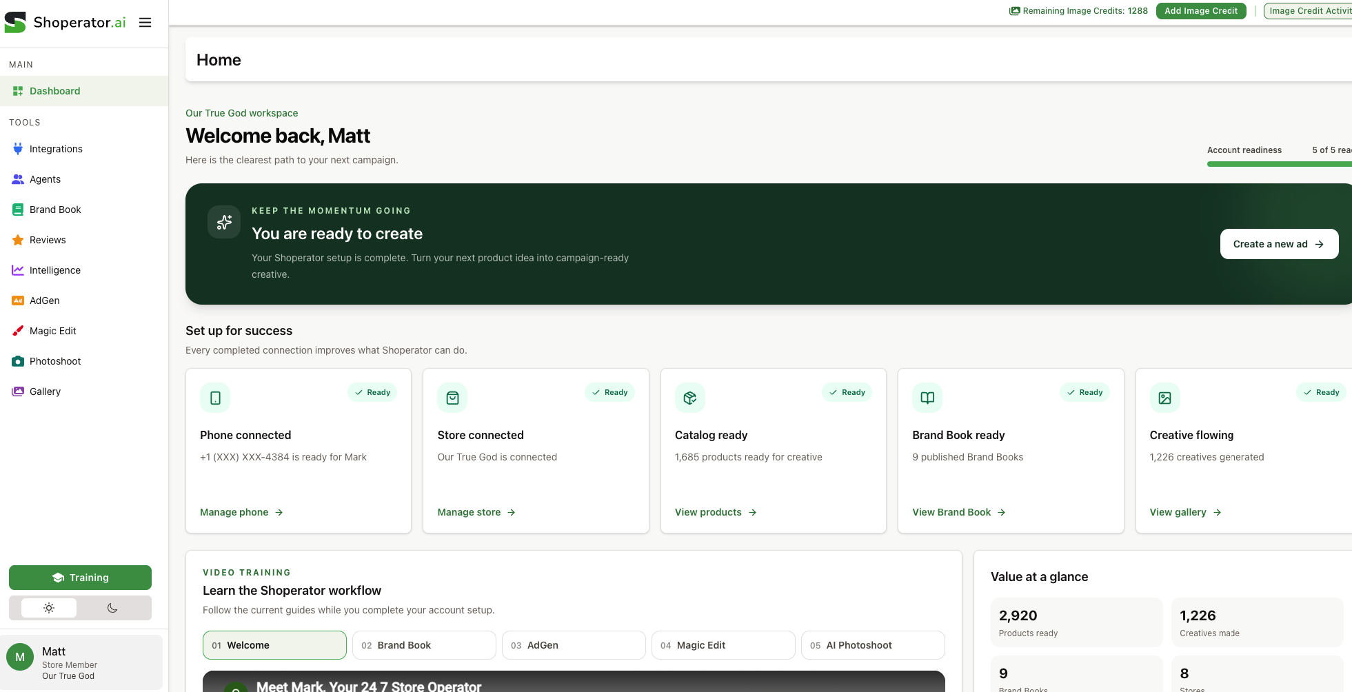 The Shoperator dashboard for Our True God, showing connected store data, brand books, creative generation, and tools including agents, reviews, intelligence, AdGen, Magic Edit, and Photoshoot